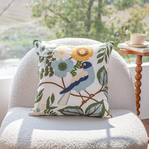 YIcabinet Pack of 2 Throw Pillow Covers,Flower and Bird Pattern Embroidered Pillow Case Soft Decorative Pillowcases for Home Sofa Couch 18x18 Inch - color: White16