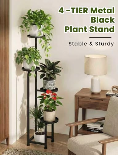 TOSKING 4 Tier Corner Plant Stand Indoor Outdoor, Heavy Duty Metal Flower Pot Holder Shelf for Multiple Plants, Space Saving ,Tall Metal Plant Stand with Drainage Holes for Outdoor Use,Tiered Display for Patio, Garden, Balcony, Living Room Decor (Black,47