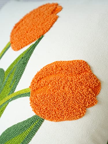 vctops Farmhouse Tulip Cotton Tufted Throw Pillow Cover Spring Floral Embroidery Pillowcase Soft Square Cushion Case for Sofa Couch Bed Chair (Orange,18"x18") - color: Orange