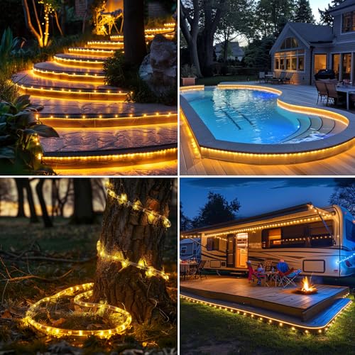 LairtPOW Solar Rope Lights with Remote for Palm Tree,39FT 100LEDs Outdoor Solar Strip Lights for Garden,IP67 Waterproof,USB Charging, Timing & 8 Modes Larger Tube Fairy Light for Christmas(Warm White) - color: Brighter-Warm White, size: 100 LED