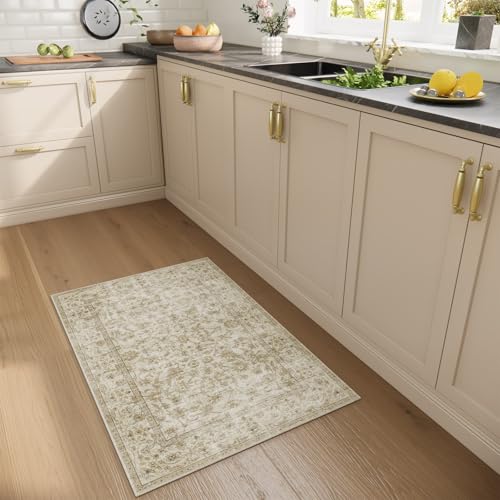 Machine Washable Area Rugs for Entryway: Door Mat Indoor Entrance 2x3 Boho Rug Stain Resistant Non-Slip Low Pile Soft Throw Carpet for Kitchen Front Door Indoor Entrance Entry Bedroom - color: Beige and Brown, size: 2' x 3' (Rectangular)