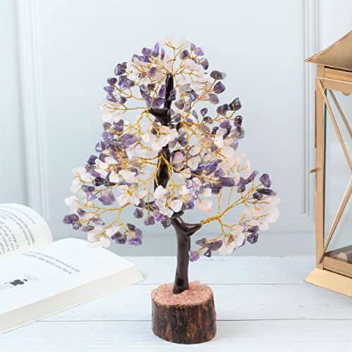 Crocon® Amethyst & Rose Quartz Crystals Tree Home Decor, Birthday Gifts for Women, Sister Gemstone Gift for Her Money Tree Crystals and Healing Stones House Warming Gift New Home, Pink Decor Present - color: Amethyst + Rose (Golden Wire)