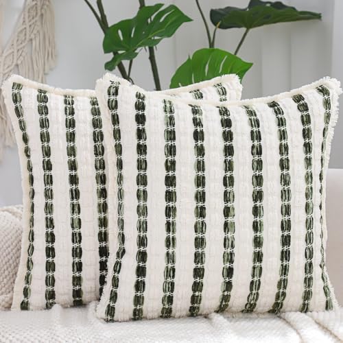 LUOYEHK Chenille Striped Throw Pillow Covers 20x20 Inch Set of 2 Boho Decorative Pillowcases with Fringe Farmhouse Neutral Green and Beige Cushion Covers for Couch Sofa Bed Living Room - color: Green and Beige, size: 20" x 20" (Pack of 2)