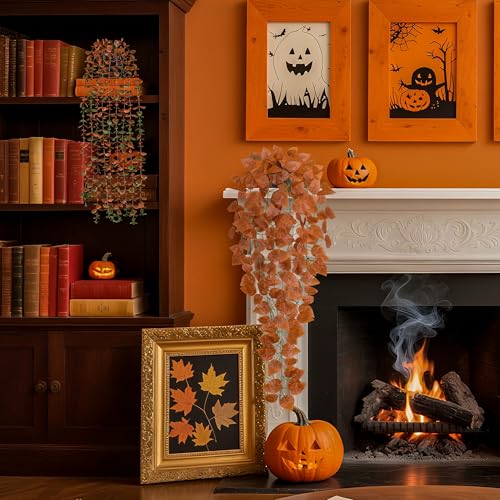Der Rose 4Pcs Fake Fall Plants Hanging Orange Artificial Eucalyptus Plants, Boston Fern, Fake Potho, String of Pearls for Halloween Bathroom Table Centerpiece Wall Mantle Decor Indoor and Outdoor - color: Black Pots-4pcs Orange