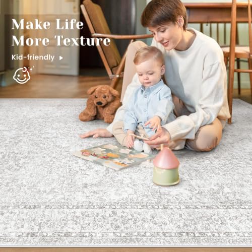 9x12 Area Rugs for Living Room: Washable Large Vintage Floral Rug Low Pile Non-Slip Boho Carpet for Bedroom Home Office Dining Room (Floral Grey, 9'x12') - color: Floral Grey, size: 9' x 12' (Rectangular)