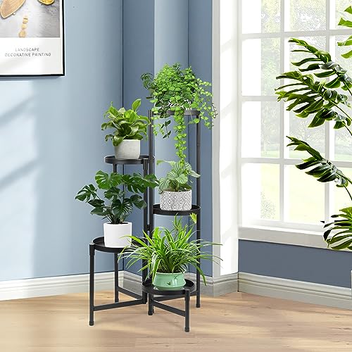 5 Tier Metal Plant Stand for Indoor Outdoor, Black | Foldable, Toolless Assembly, Flexibly Adjustable, Waterproof, Antislip