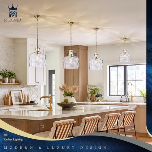 12" Farmhouse Pendant Light, Hand-Blown Clear Hammered Glass Hanging Light Fixture with Brass Gold Finish, Adjustable Chain Ceiling Light for Kitchen Island, Dining Room, Hallway, E26 Socket - color: Chain Gold