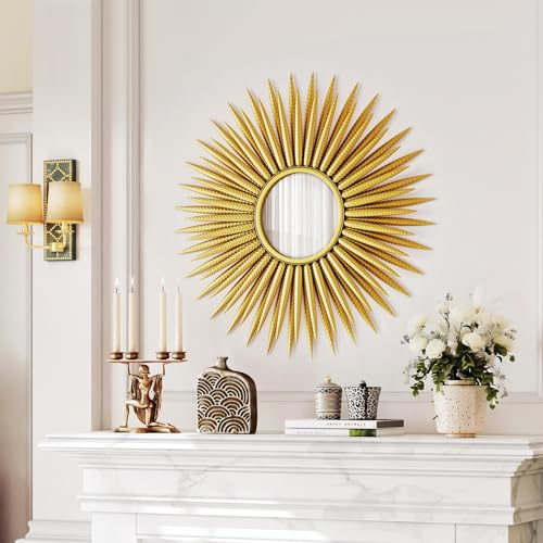 PERHOM Gold Sun Mirror, 30"x30" Large Sunburst Mirrorwith Metal Frame,Starburst Mirrors for Living Room, Entryway, Bedroom, Fireplace