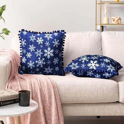 PAVILIA Snowflake Blue Throw Pillow Covers with Pom Pom 18x18 Set of 2, Christmas Decorative Pillow Cases for Bedroom, Holiday Small Pillows Set for Bed, Velvet Winter Plush Cushion Covers Sofa Couch - color: Snowflake Blue, size: 18" x 18" (Pack of 2)