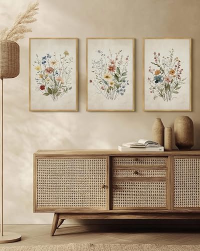Drsoum Vintage Flower Bouquet Framed Retro Wildflower Botanical Pictures Prints Modern Colorful Floral Rustic Artwork Bedroom Living Room Ready to Hang 16x24in Natural Framed - color: Green Plants Prints, size: 24L" x 16W", Natural Framed