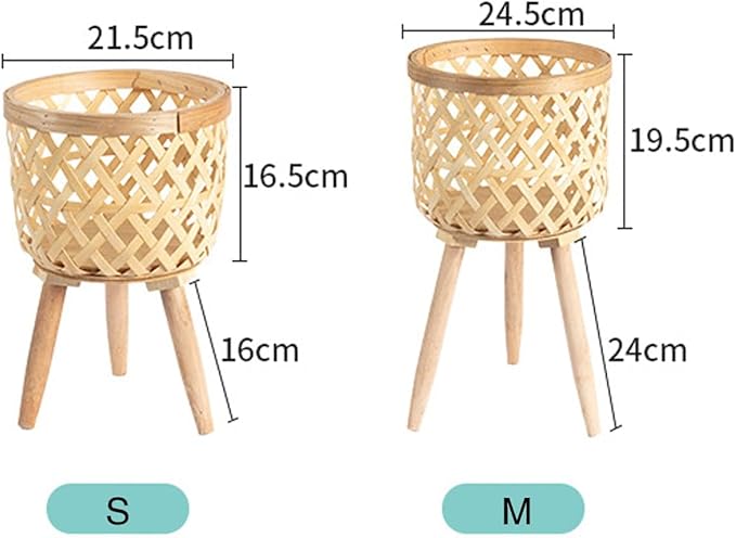 RISEON Set of 2 Handmade Mid Century Modern Planter, Rustic Indoor Rattan Basket Flower Pot Plant Stand,Large Floor Planter