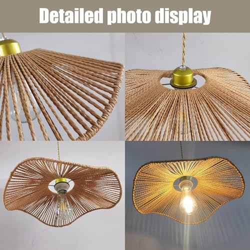 Boho Rattan 16-inch round Pendant Light E26 lamp holder,height adjustable Restaurant chandelier Rattan light fixture Chandelier Woven Hanging Light Fixture for Bedroom Entryway Kitchen Island - color: Light brown-10, size: 16-inch