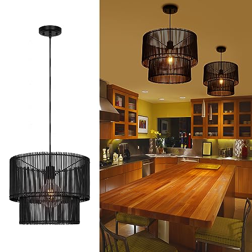 Woven Rattan Pendant Lamp, 16 Inch Large Natural Simple Hand Weaved Coastal Beach Black Rope Hanging Pendant Light Fixture for Dining Room Living Room Bedroom Kitchen Foyer - size: 6528L