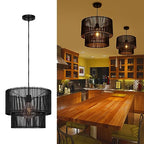 Woven Rattan Pendant Lamp, 16 Inch Large Natural Simple Hand Weaved Coastal Beach Black Rope Hanging Pendant Light Fixture for Dining Room Living Room Bedroom Kitchen Foyer - size: 6528L