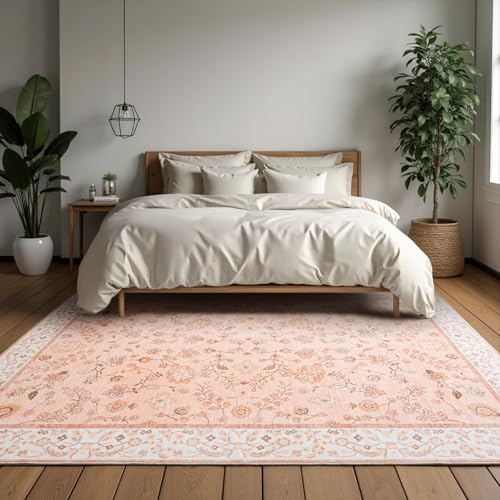 CRYPTOLITE Area Rug 4x6, Washable Faux Wool Throw Rugs for Living Room, Non Slip Low Pile Vintage Boho Carpet for Dining Room, Home Office, Bedroom, Kids Room, Bedside (Cinnamon) - color: Spring Flower - Cinnamon, size: 4' x 6' (Rectangular)