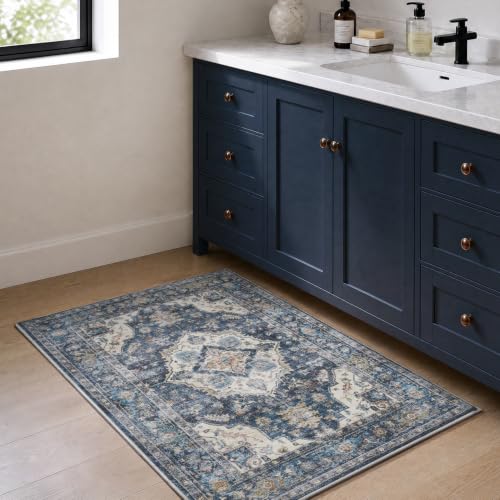 AMOAMI-2X3 Small Rug-Washable Rugs Entryway Mat Indoor-Soft Vintage Non Slip Rugs for Kitchen Laundry Room Bathroom Blue Decorative Accent Rug for in Front of Sink 24 Inch x36 Inch - color: Blue, size: 2' x 3' (Rectangular)