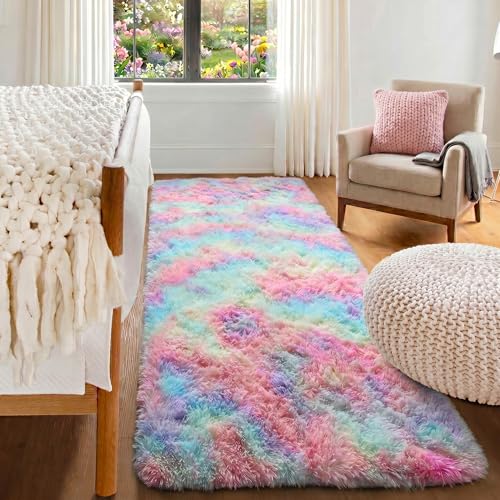 ONASAR Colorful Rainbow Runner Rugs for Bedroom Living Room, Fluffy 2x6 Bedside Hallway Area Rug, Ultra Soft Plush Furry Faux Fur Floor Carpet for Nursery Kids Dorm Closet Home Decor Aesthetic - color: Colorful Rainbow, size: 2' x 6' (Runner)