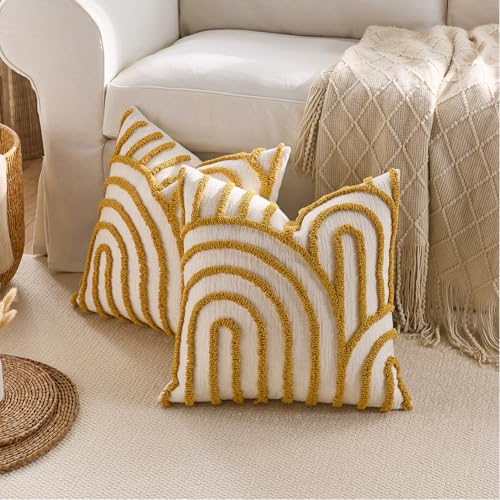 vctops Boho Throw Pillow Covers Set of 2, Modern Mid Century Arched Tufted Decorative Cushion Cover Farmhouse Rustic Geometric Textured Pillowcases for Sofa Bed Living Room (Yellow,18"x18") - color: Yellow