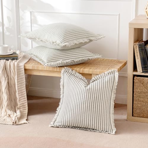 MIULEE Pack of 2 Olive Green Christmas Pillow Covers 18x18 Inch Striped Farmhouse Couch Spring Throw Pillow Covers with Fringe Chic Linen Decorative Cushion Covers for Sofa Living Room Bed Home Decor - color: Olive Green, size: 18" x 18" (Pack of 2)