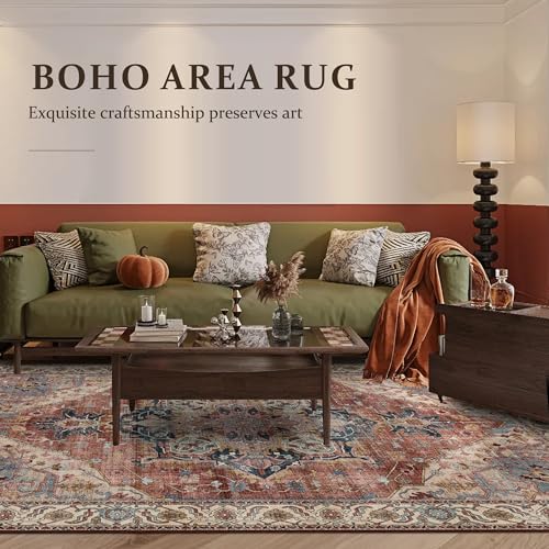Boho Area Rug 6x9 Washable Large Vintage Rug for Living Room Bedroom Office Kitchen Entrance Dining Room Non Slip Soft Low-Pile Farmhouse, Brickred/Multi - color: Brickred & Multi, size: 6' x 9' (Rectangular)