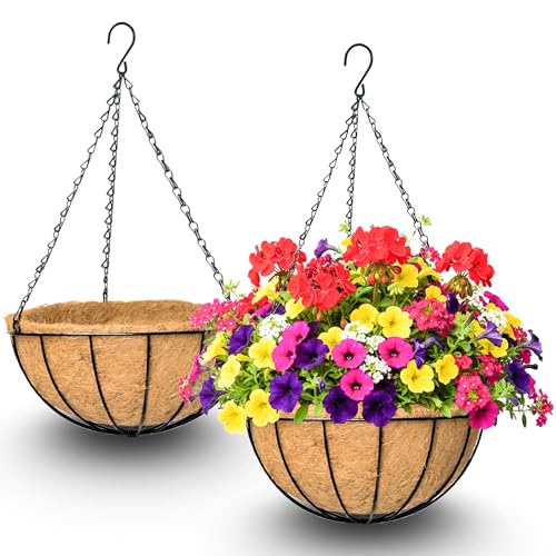 2 Pack 12 Inch Hanging Baskets for Plants Outdoor Metal Hanging Planters Round Hanging Flower Pots with Coco Coir Liner Plant Holder for Outdoor Patio Garden Balcony Decor - Watermelon - color: Watermelon