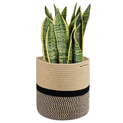 TIMEYARD Sturdy Jute Rope Plant Basket Modern Woven Basket for 11" Flower Pot Floor Indoor Planters, 12'' x 12'' Storage Organizer Baskets Rustic Home Decor, Black and Beige Stripes - color: Black and Jute, size: 12" x 12"