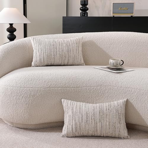Striped Throw Pillow Covers 20x12 Set of 2 Beige Textured Boucle Chic Morden Boho Accent Farmhouse Decorative Chenille Pillow Covers for Home Decor Bed Sofa Living Room - color: Beige, size: 20" x 12" (Pack of 2)