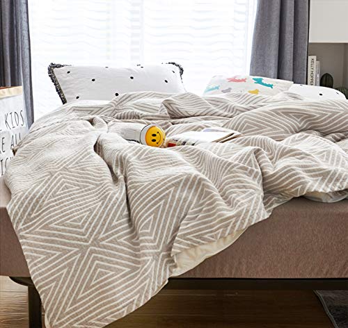MEJU Grey Checks Striped Triange Muslin Reversible Summer Blanket for Bed Sofa Couch 100% Combed Cotton 3 Layer Soft Warm Bedspread Throw Blanket Bed Coverlet Sheet Full Queen 80 in X 90 in - color: Check2 Gray, size: F/Q 80 in x 90 in