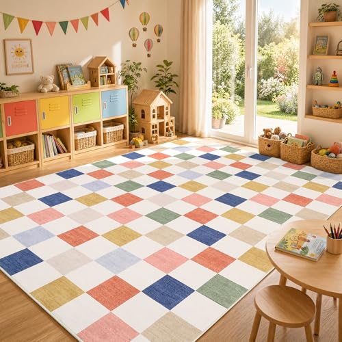GarveeHome Checkered Nursery Kids Boy Playroom 3x5 Washable Rug Colorful Rainbow Geometric Modern Soft Low-Pile Stain Resistant Small Rug for Bedroom Entryway Non-Slip TPE Backing - color: Colorful, size: 3' x 5' (Rectangular)