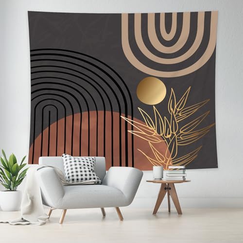 KOMLLEX Abstract Mid Century Tapestry 59Wx51H Boho Neutral Men Wall Hanging Arch Sun Leaves Minimalist Modern Geometric Simple Black Brown Gold Home Decor Art for Living Room Bedroom Dorm