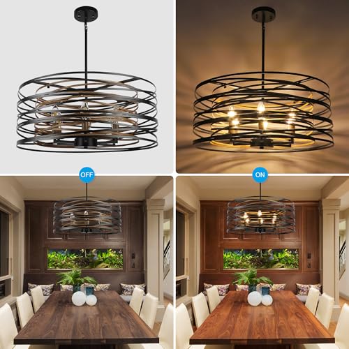 ACNKTZ 23.6'' Rustic Large Drum Chandeliers for Dining Room, 6-Light Modern Farmhouse Lighting for Kitchen Island, Retro Round Entryway Light Fixture, Black with Retro Wood Texture Interior - color: Black with Retro Wood Texture Interior, size: 23.6"/6-Li