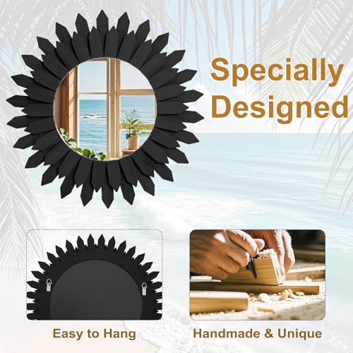 Boho Wood Sunburst Round Wall Mirror, 20 Inch Rustic Circle Wooden Frame Decorative Mirror for Farmhouse Coastal Home, Home Wall Decor for Living Room Entryway Bedroom, Black - color: Black, size: 20"L x 20"W