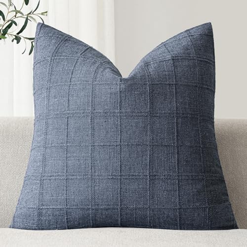 Foindtower Set of 1 Decorative Linen Check Throw Pillow Cover Neutral Farmhouse Vintage Cushion Cover Modern Coastal Boho Home Decor for Sofa Chair Couch Bedroom Living Room Outdoor,16×16 Inch,Blue - color: Blue, size: 16" x 16" (Pack of 1)
