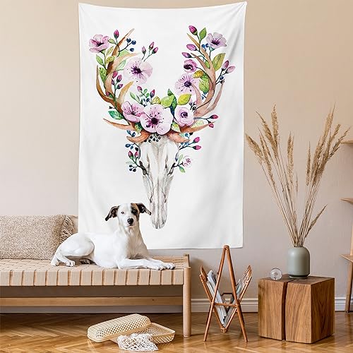 Ambesonne Skull Tapestry, Deer Animal Skull with Floral Horns Nature Inspired Dead and Living Art Print, Wall Hanging for Bedroom Living Room Dorm Decor, 40" X 60", Brown Cream - color: Brown Cream, size: 60"L x 40"W