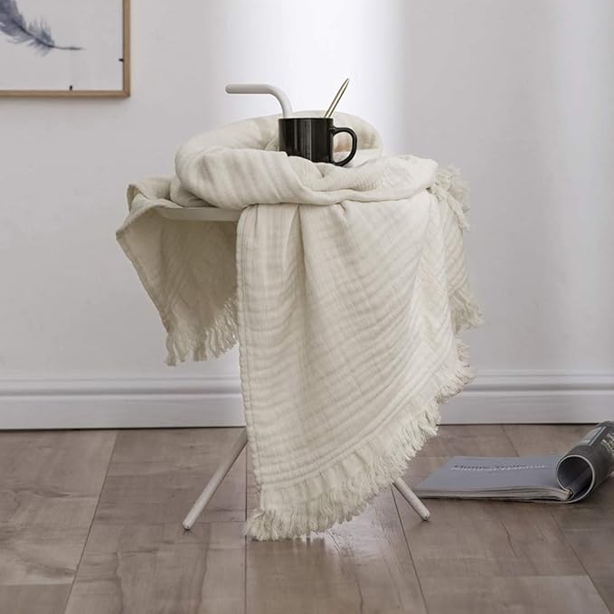 Simple&Opulence Cotton Muslin Throw Blanket for Bed, Couch, Knit Woven Gauze Blanket with Tassels, Soft Lightweight Cozy Pre-Washed Breathable Farmhouse Decoration for All-Season (Cream)
