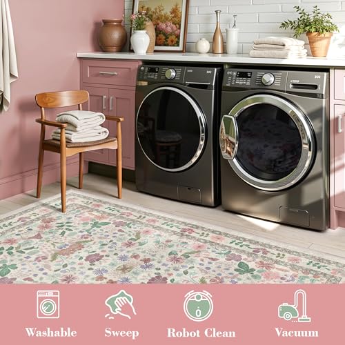 Deerly Extra Large Washable Area Rug 10x14 for Living Room Green Floral Vintage Soft Low Pile Indoor Carpet for Bedroom Boho Non-Slip Floor Mat for Dining Room Playroom, Beige/Light Pink/Multi - color: Beige/Light Pink/Multi, size: 10' x 14' (Rectangular)