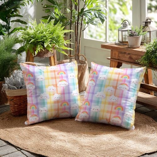 Rainbow Cloud Throw Pillow Covers 18x18 Set of 2 | Cute Pastel Cushion Cases for Couch Sofa Bed | Kawaii Decorative Pillowcases for Girls Nursery Room Decor - color: Rainbow Cloud
