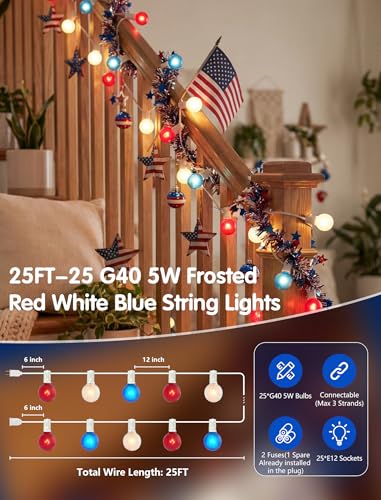 SUNSGNE 25FT G40 Red White and Blue String Lights Outdoor, Frosted Globe 4th of July Lights, Waterproof Connectable Patriotic Light for July 4th Independence Day, Memorial Day - color: Frosted Red White Blue-White, size: 25 Ft