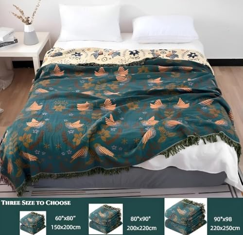 Boho Throw Blanket for Bed 100% Cotton Bohemian Blankets Ultra Soft Woven Muslin Decorative Blankets All Seasons Vintage Quilt Knitted Blanket for Sofa Chair(Blue, 50"x60") - color: A-blue, size: 50"x60"