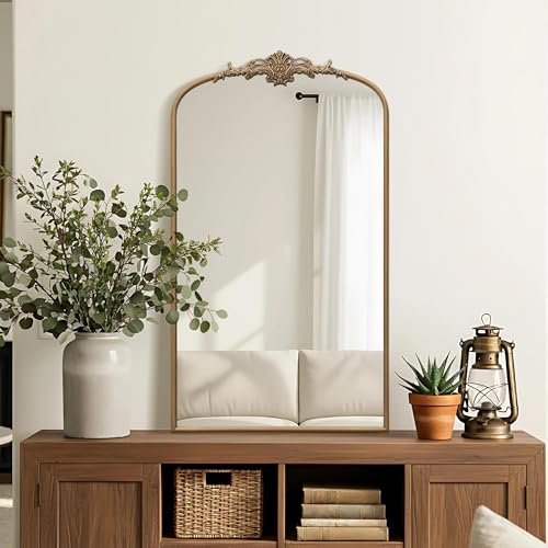 Besdomus Vintage Gold Arched Mirror: 24"x42" French Large Arch Brass Antique Wall Mounted Mirror - Traditional Ornate Home Decor for Entryway/Fireplace/Bathroom - Ideal for Bathroom Remodeling - color: Brass Gold, size: 42"L x 24"W