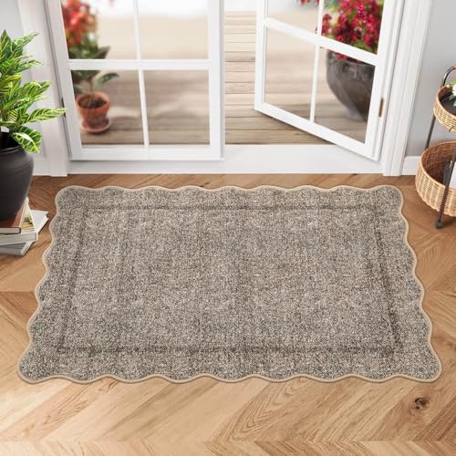 GarveeHome 2x3 Rug, Washable Scalloped Rugs for Entryway, Non Slip Indoor Door Mat, Soft Low Pile Small Area Carpet for Entrance, Bedroom, Kitchen, Laundry, Bathroom, Taupe - color: Taupe, size: 2' x 3' (Rectangular)