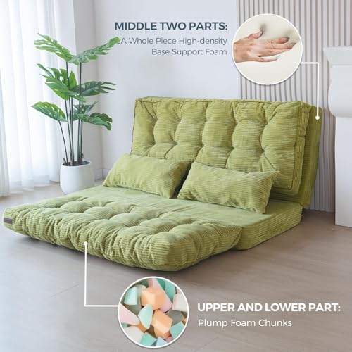 MAXYOYO Folding Sofa Bed, Tufted Bean Bag Bed with Pillows Floor Couch for Adults, Extra Thick and Long Floor Sofa, Full Floor Couch Bed for Bedroom Living Room, Green, 54x91 Inch - color: Green, size: Tufted Full