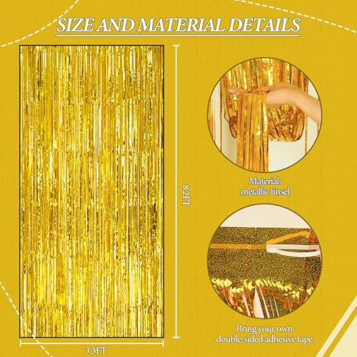 DECOCKRAT 3 Pack Foil Fringe Backdrop - Laser Gold Shiny Tinsel Curtains for Party Decoration/Photo Booth Props - 3.3x8.2 FT Metallic Foil Backdrop for Birthday, Wedding, Graduation, Christmas. - color: Laser Gold