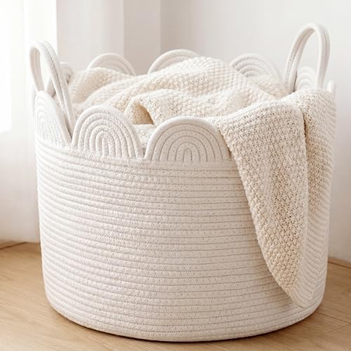 LemonRoad White Round Basket Large Blanket Basket 15.8" L X 15.8" W X13.8" H Scalloped Woven Baskets Cotton Storage Baskets for Nursery Classroom Closet Blankets Storage Home Decor - color: White, size: 15.8" L X 15.8" W X13.8" H