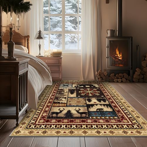 LOKHOM Vintage Bear Area Rug 3x5 Washable Bedroom Rug, Rustic Western Buffalo Bear Decor Living Room Rug, Non Slip Soft Low Pile Area Carpet for Bedroom Kitchen Bathroom - color: Vintage Bear, size: 3' x 5' (Rectangular)