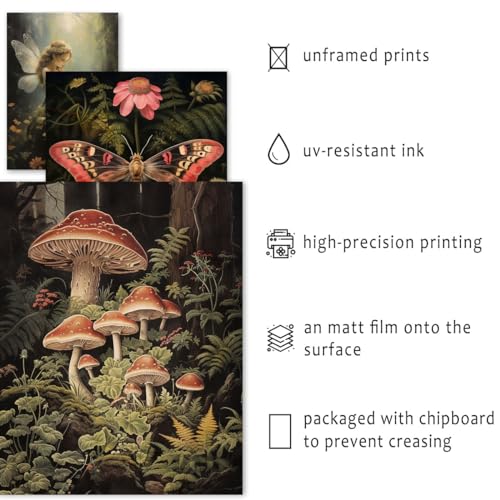 ANERZA 16 PCS Dark Cottagecore Wall Art Decor, Cottage Core Gallery Wall Prints for Bedroom, Fairycore Posters for Living Room Aesthetic, Nature Forest Mushroom Collage Kit, Whimsical Dorm Home Decor - color: DarkOliveGreen, size: 11"x14" Unframed