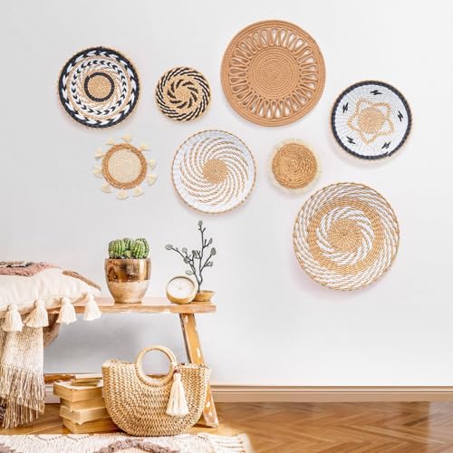 8 Pack Boho Wall Basket Decor, 12 Inch Wall Decoration Round Handmade Hanging, Rattan Woven Wall Basket Decor for Living Room, Rustic Flat Elegant, Farmhouse, Bedrooms, Table Settings, Kitchen Home - color: 8 PCS