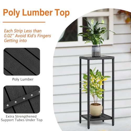 Outdoor Plant Stand 2 Tier Shelf for Patio Flower Pot Planter Stand Holder with Wicker Poly Lumber Shelves 31" Tall Corner Plant Display Rack with Adjustable Feet Heavy Duty for Balcony Porch Black