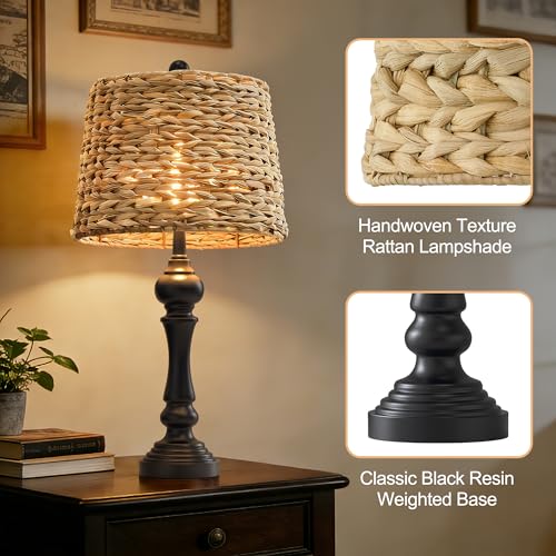 Maxax 26" Boho Rattan Table Lamps for Bedroom Set of 2, Coastal Bedside Lamps with Rattan Shade, Black Farmhouse Wicker Lamps, Rustic Resin Nightstand Lamps for Living Room - color: Black