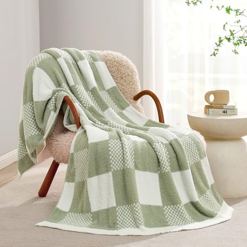 Snuggle Sac Checkered Blanket, Sage Green Throw Blanket for Couch Checker Microfiber Warm Fuzzy Cozy Soft Oversized Throw XL Reversible Checkered Blankets for Sofa, Chair, Bed, 50x70 inches - color: Checker Sage Green, size: Throw-XL(50"x70")